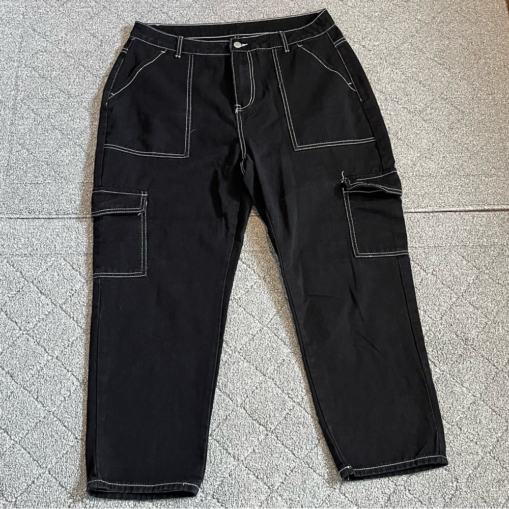 Shein Cargo Jeans Womens Size 1XL Black High Waisted Relaxed